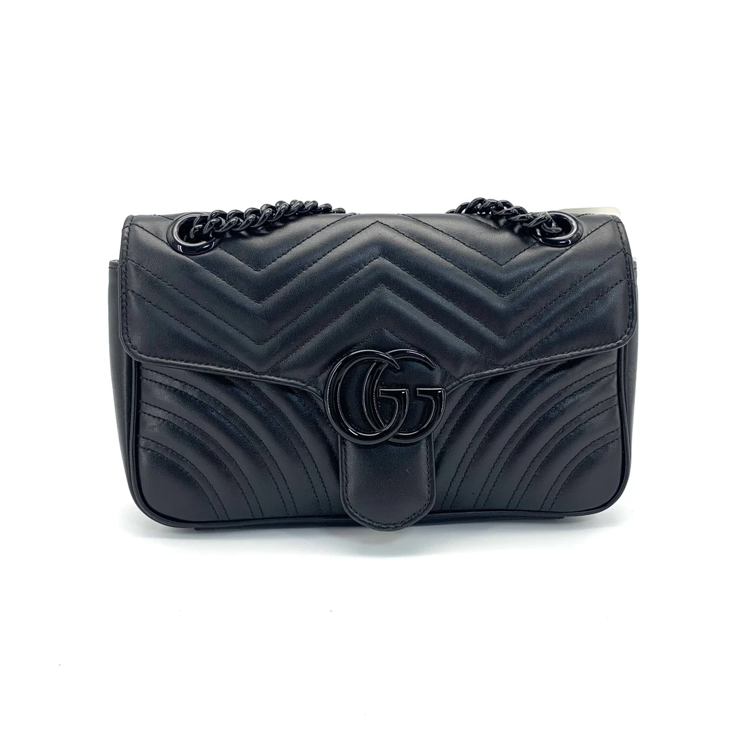 99新 GUCCI/古驰 马蒙26黑色双G翻盖封口滑动链条斜挎包  尺26/15