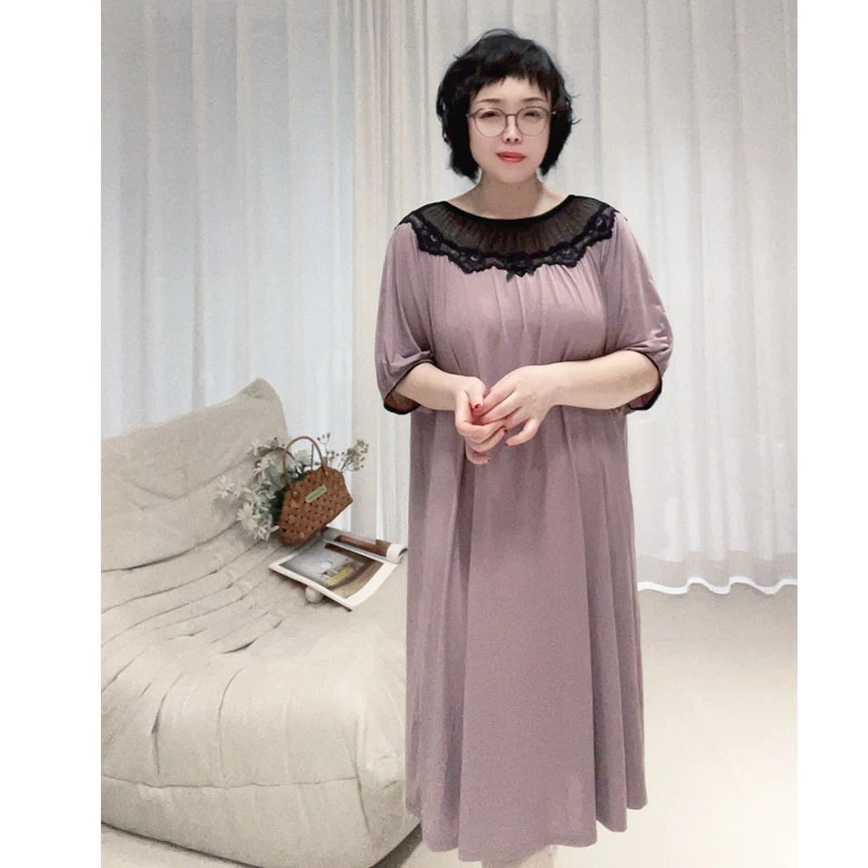 大码圆领复古蕾丝冰丝贵气感睡裙胖MM中裤丝滑弹力不起球不褶皱