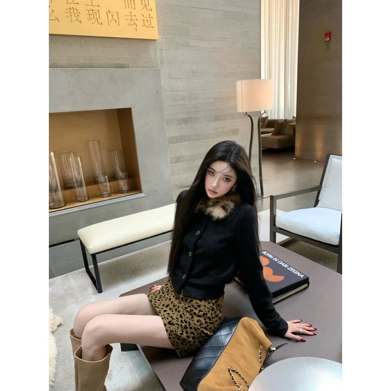 高级感复古时尚百搭短款针织开衫外套美式复古性感豹纹包臀裙套装