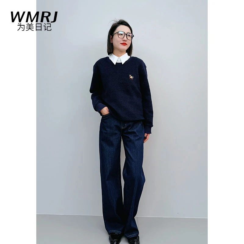 WMRJ新款百搭四面弹高腰窄版直筒牛仔裤