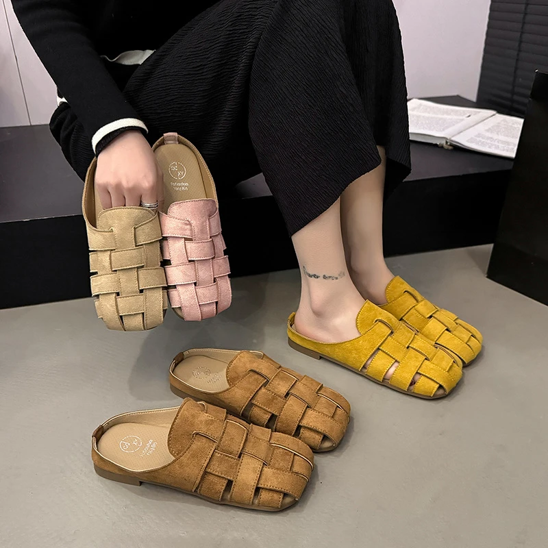 唯雪唯雪小众复古包头半拖鞋女夏外穿2025新款一脚蹬编织勃肯鞋镂