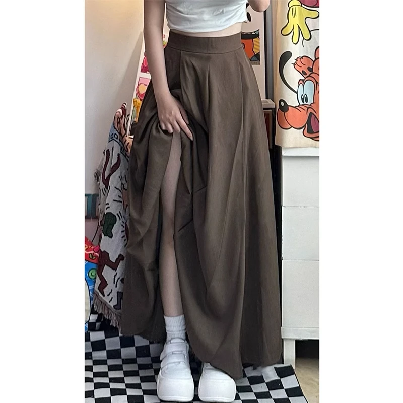 美拉德穿搭高腰棕色a字半身裙女大码胖mm遮肚藏肉百褶显瘦长裙秋