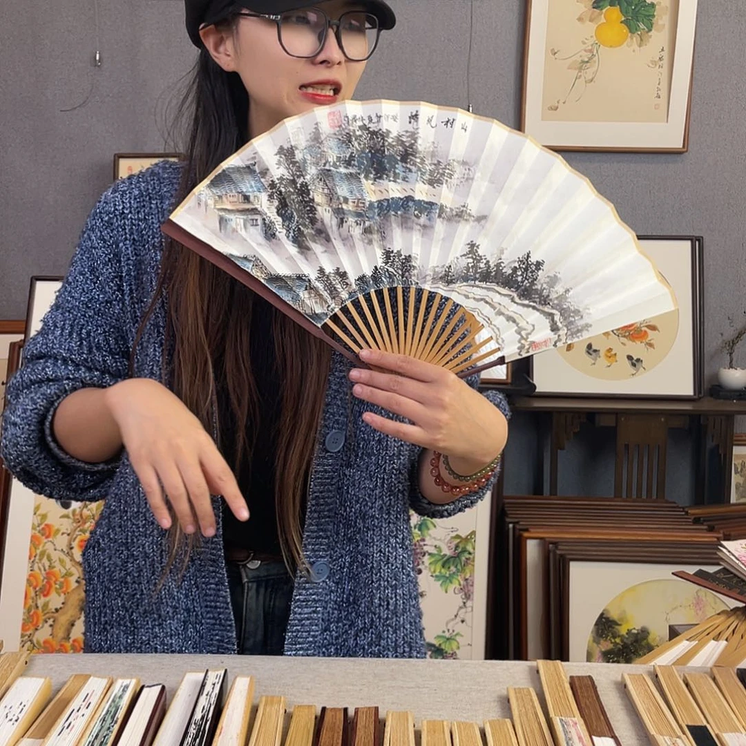 国画95寸红木-纯手绘-文玩扇骨（默认粘好）