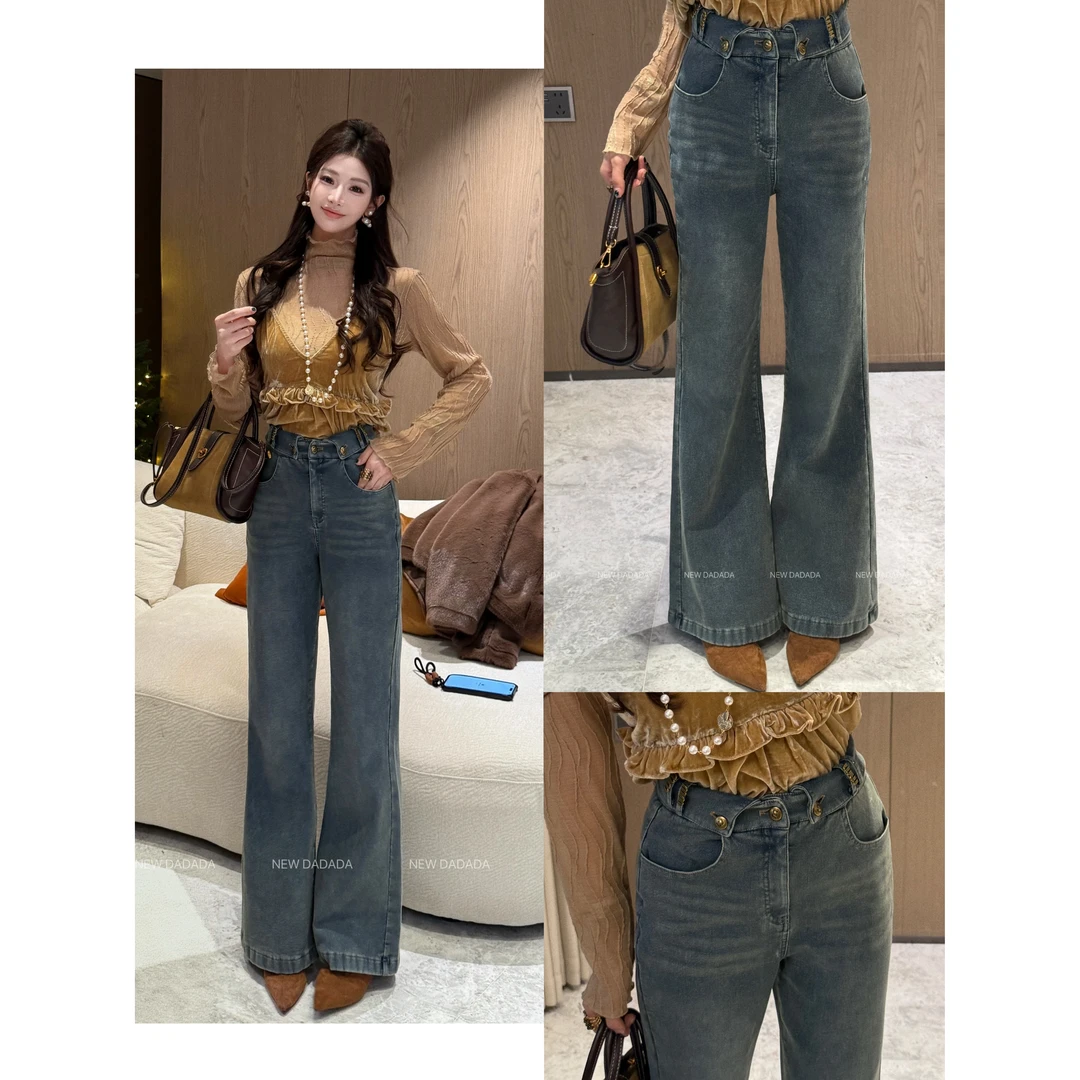 利达NEW DADADA【复古miu系翻边裤】时尚百搭气质牛仔裤DMM3612
