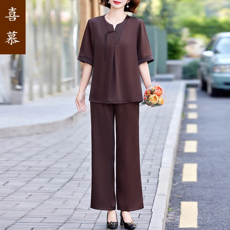 妈妈夏装短袖时尚套装新款洋气中老年女装夏季宽松上衣裤子两件套