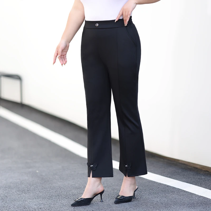 胖mm九分微喇休闲裤2025年秋季新款高腰弹力宽松大码开叉喇叭裤