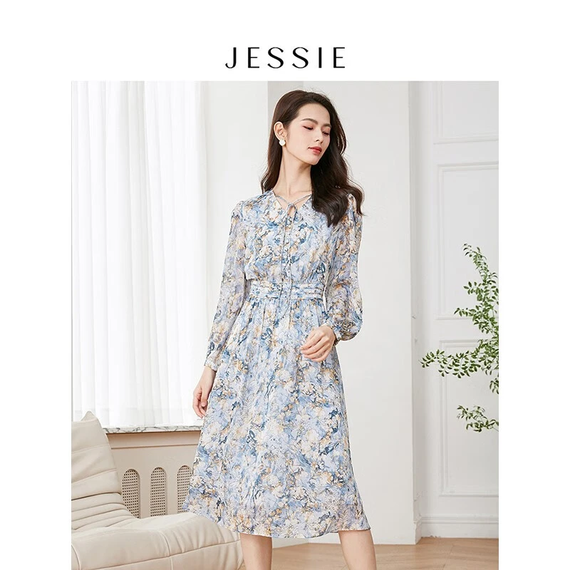 JESSIE时尚系带V领印花长袖中长款连衣裙女23春新款