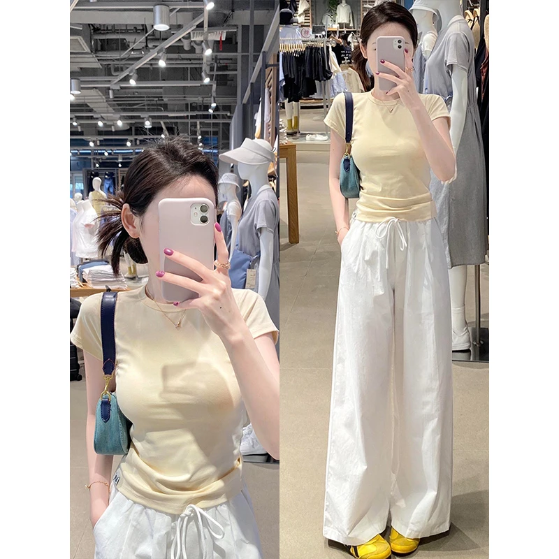 黄色多巴胺短袖t恤女2025夏季新款宽松休闲高腰阔腿裤百搭两件套