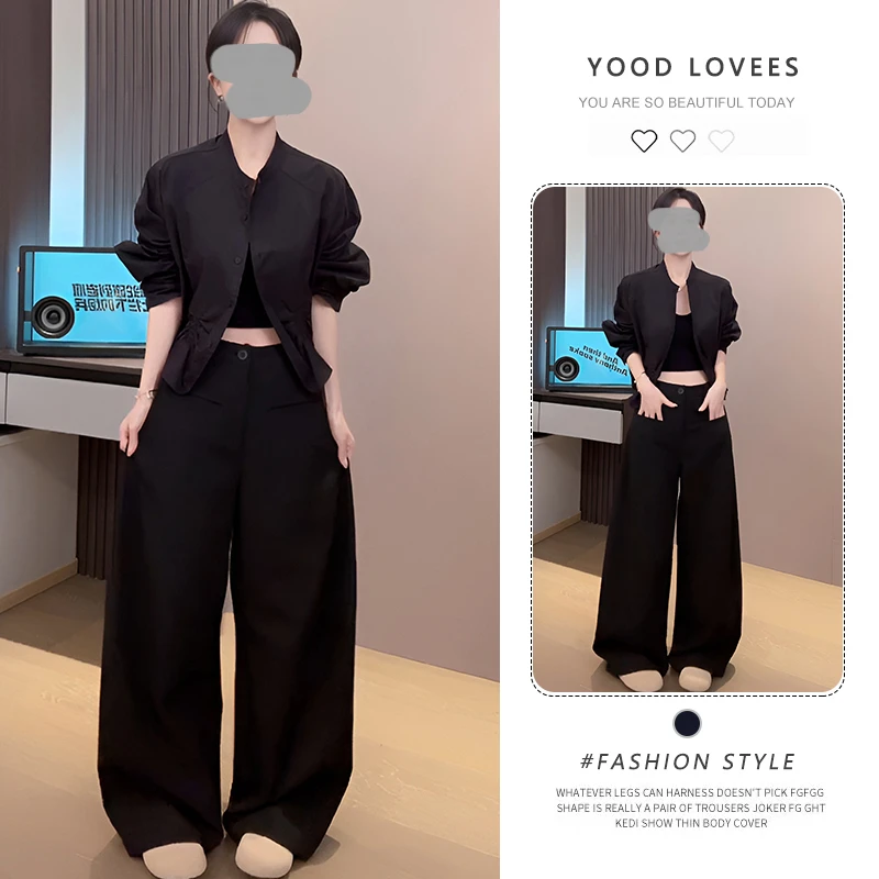 老钱风立领长袖褶皱衬衫外套女2025春秋新款休闲阔腿弯刀裤两件套