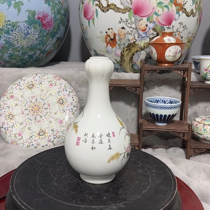 瓷珐琅彩花鸟蒜头瓶