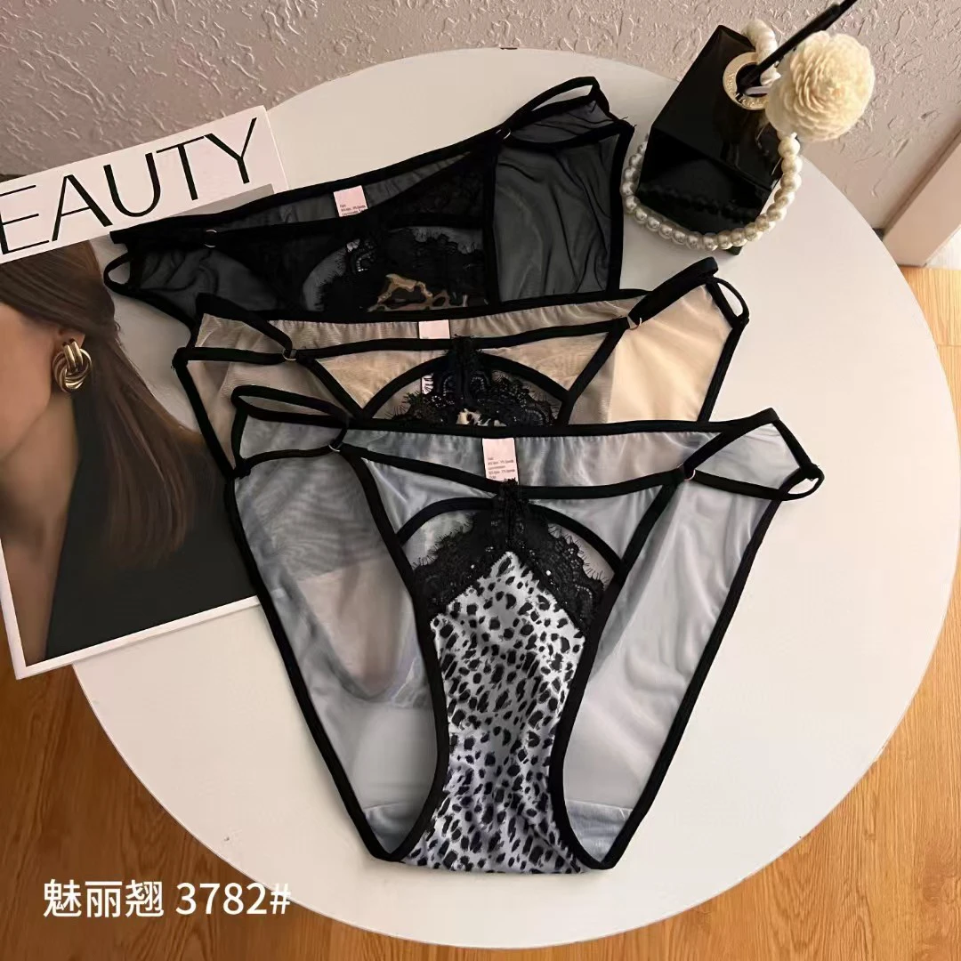 女士豹纹性感网纱蕾丝高开叉内裤少女透明三角裤3782