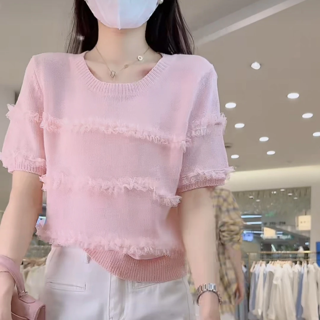 2025春季新款针织衫轻奢气质减龄宽松显瘦套头短袖蕾丝T恤上衣女