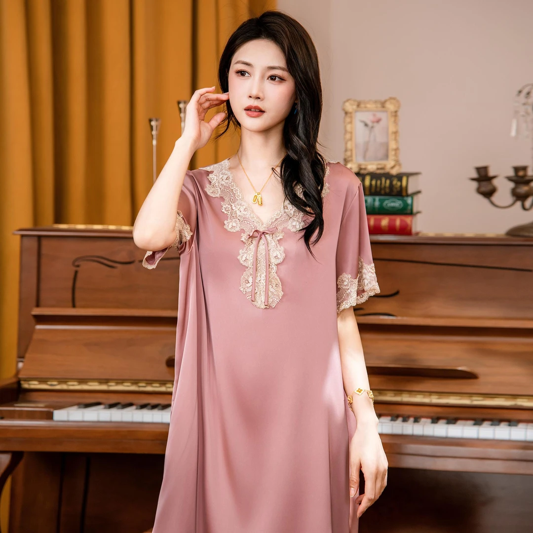 品牌高端奢华中裙宽松女士睡裙大码透气休闲性感短袖夏季时尚女款