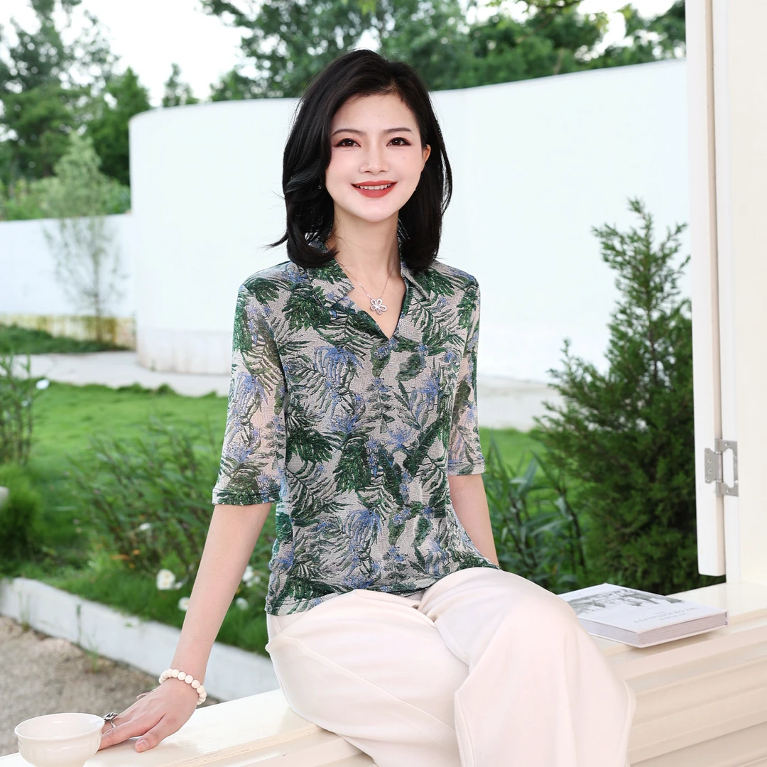 【针织桑蚕丝】阿楠anan气质翻V领五分袖弹力双层网纱印花真丝衬衫