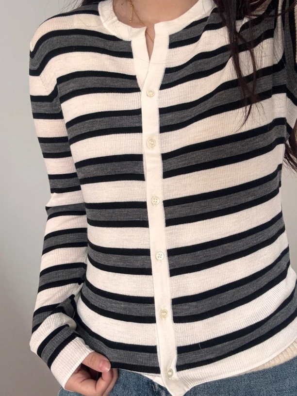 【精纺美丽诺羊毛】60支超细羊毛开衫韩版宽松条纹显瘦打底衫