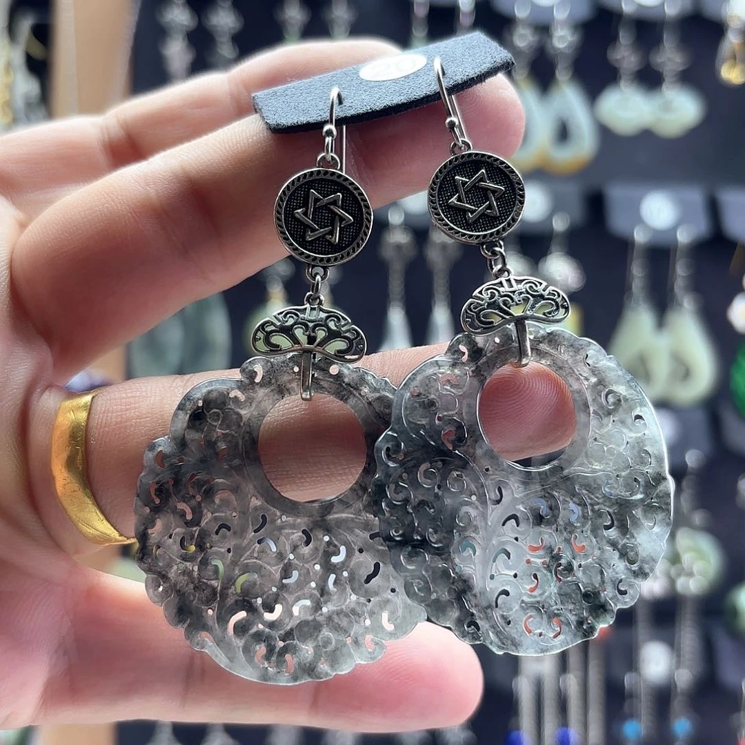 翡翠耳饰银S925镶嵌领*