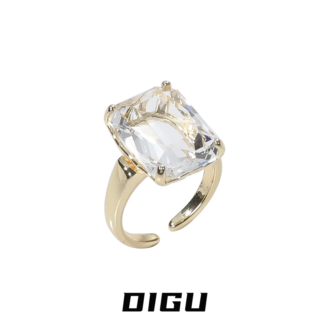 嘀咕家 铜合金仿水晶戒指 个性方钻戒指仿水晶食指指环开口可调节