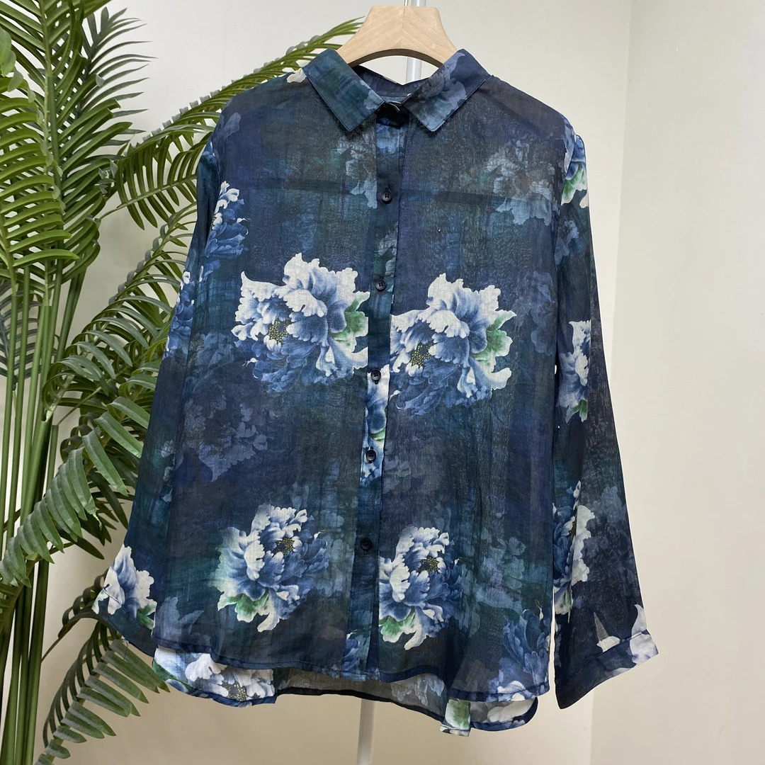 【蝴蝶兰藏青印花苎麻衬衫】4162