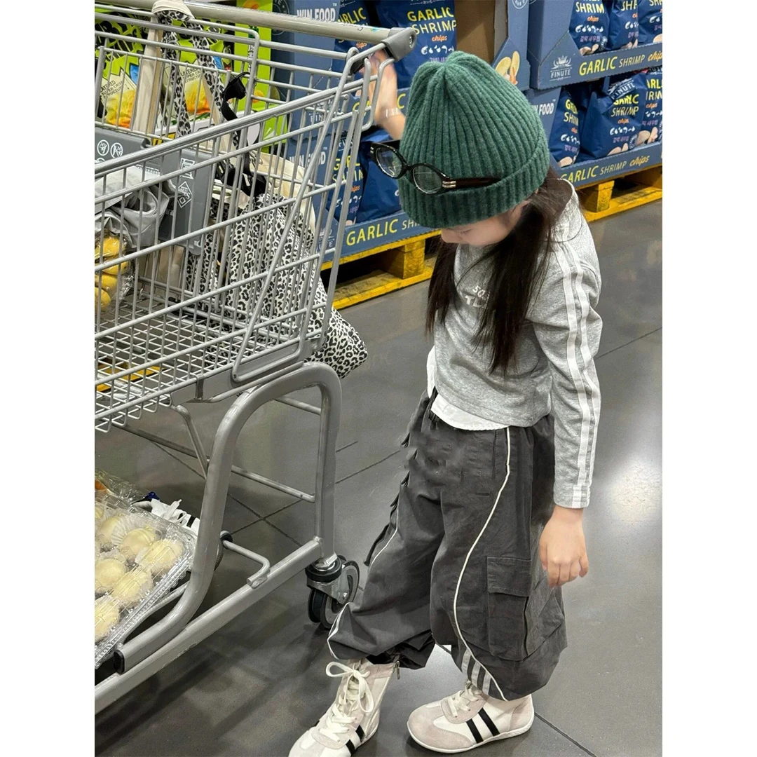 韩国童装女童套装秋洋气宝宝休闲运动风薄款t恤上衣工装灰色裤子