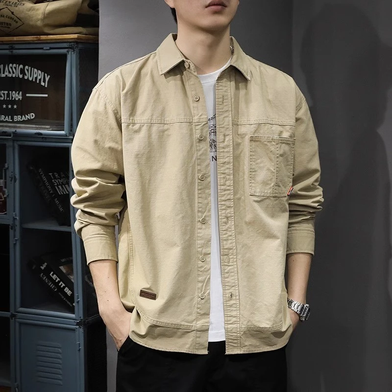 美式复古工装长袖衬衫男春季新款休闲高级感纯棉衬衣宽松外套上衣