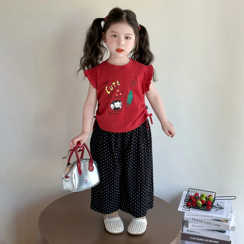 女童夏装套装2025年款衣服儿童小女孩洋气卡通飞袖圆点阔腿裤套装