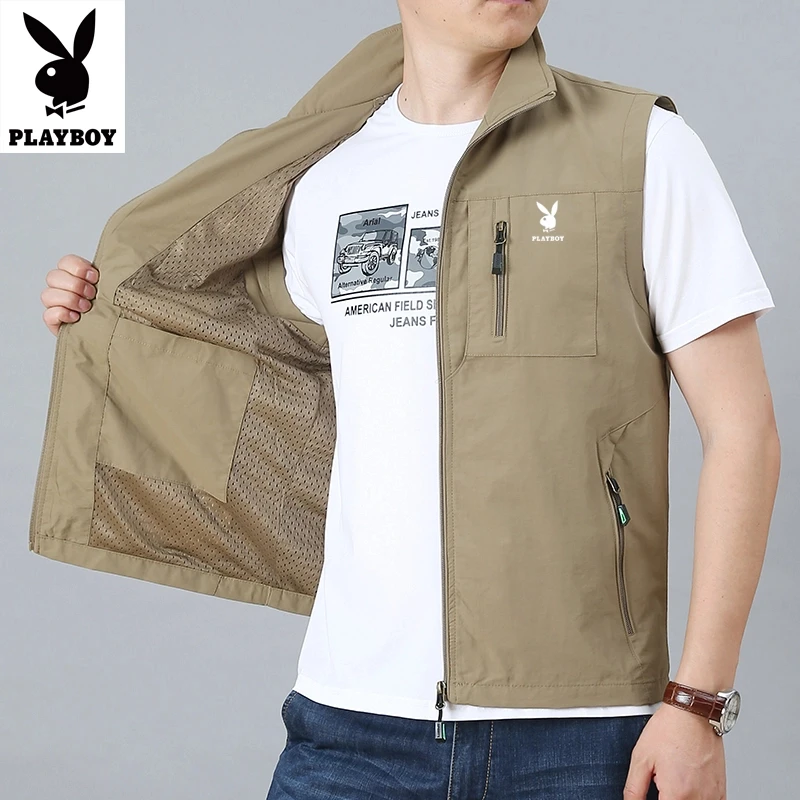 PLAYBOY/花花公子男士马甲背心爸爸装立领坎肩户外夏季户外钓鱼服