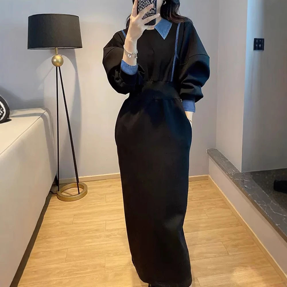 黑色polo领牛仔拼接连衣裙女2025春秋新款收腰显瘦法式复古长裙子