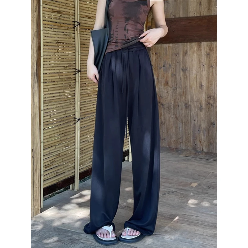 慵懒铜氨丝休闲裤子女夏季薄款防晒直筒拖地裤高腰垂坠感阔腿裤潮