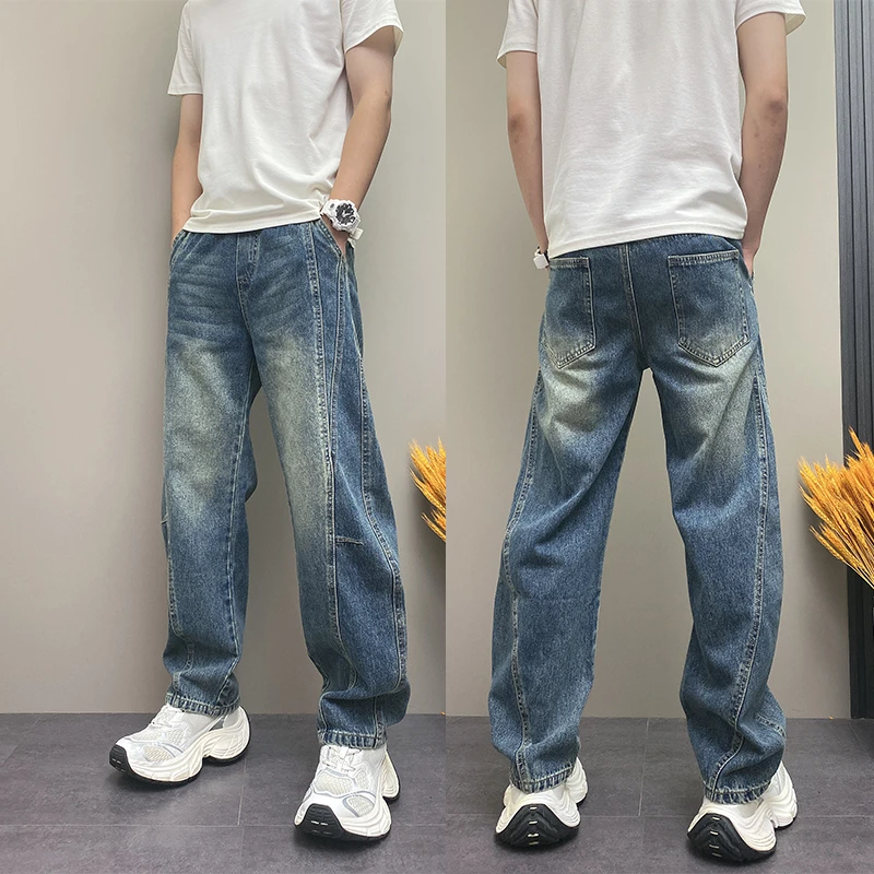 美式潮牌拼接裁剪直筒牛仔裤男2025秋季新款痞帅阔腿哈伦休闲长裤