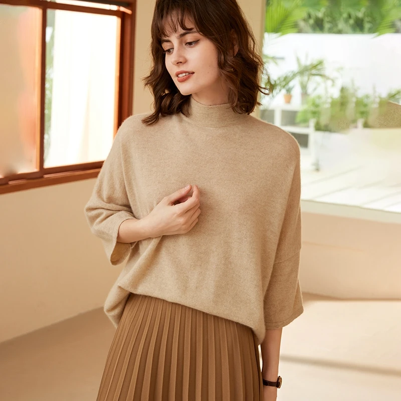 100%纯山羊绒衫女春新款半高领宽松套头针织打底羊绒衫毛衣七分袖