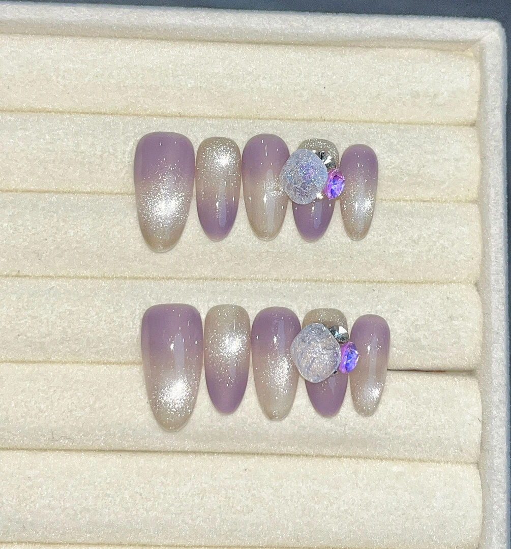 【芋圆葡萄】珍珍手工穿戴甲温柔气质紫色猫眼渐变镶钻可拆卸美甲