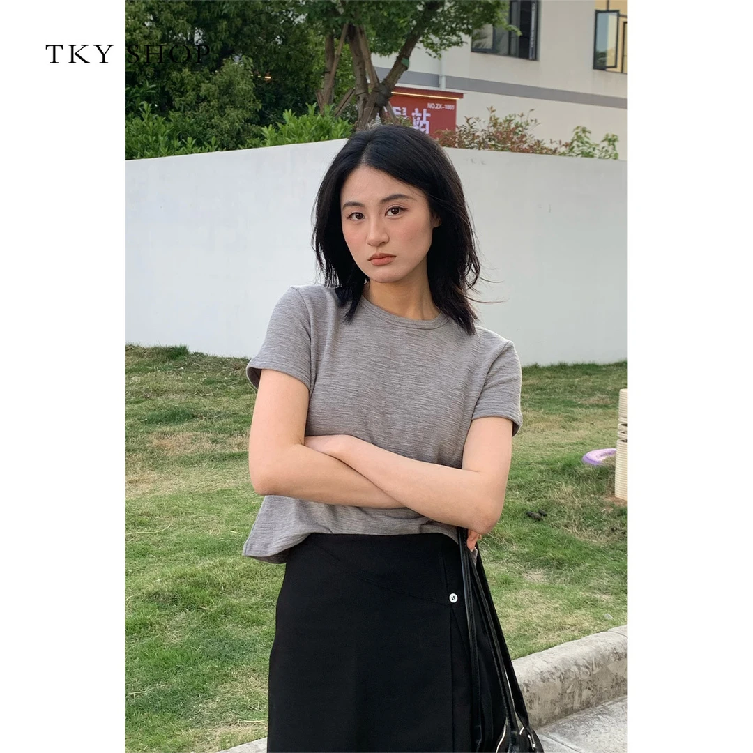 TKYSHOP浅色简约t恤夏新款通勤休闲短袖百搭显瘦上衣10I1NA00B222