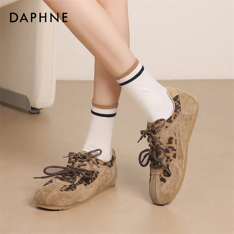 达芙妮品牌正品鞋子女爆款25夏季复古德训鞋平底豹纹阿甘鞋休闲鞋