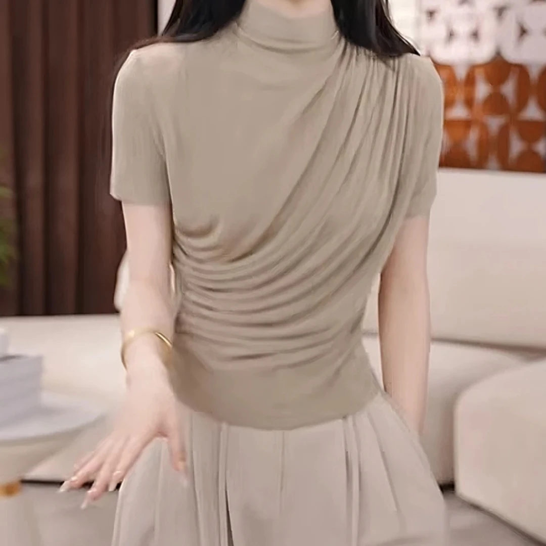 2025夏季新款法式斜皱半高领短袖t恤女时尚百搭氛围洋气衣服女