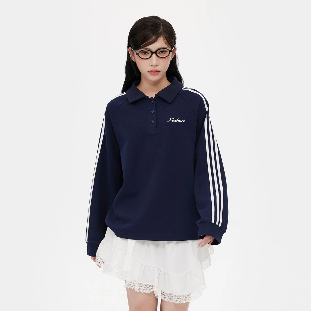 【清清】NCXK-三条杠POLO长袖T恤百搭插肩显瘦休闲翻领卫衣CX234