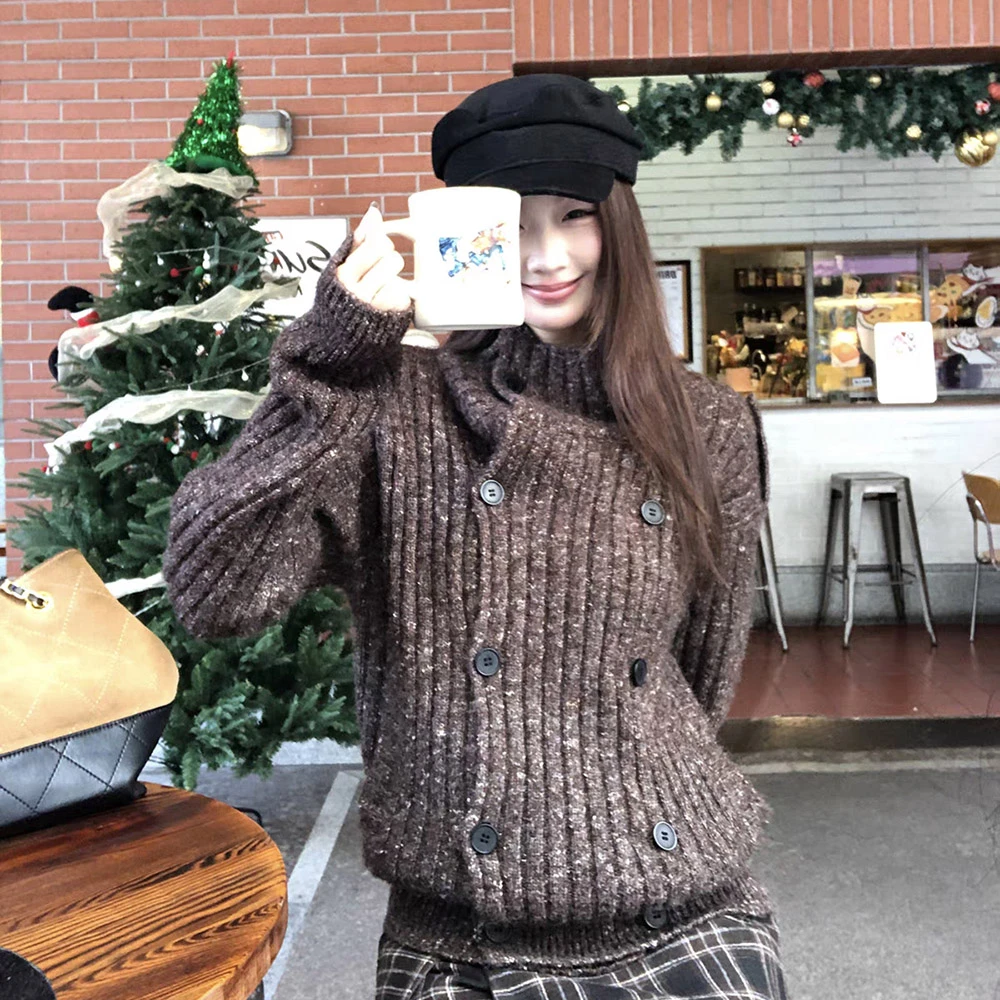 【山漫旷野】针织衫 秋冬新款时尚百搭深花咖色开衫立领针织衫W1214