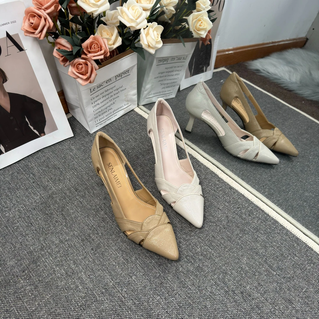 【花瓣款】MQE/羊皮/6CM/33-40/9416花瓣手工尖头镂空高跟百搭女鞋