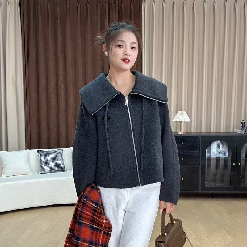 韩版休闲学院风短款双面羊毛大衣女小个子拉链款