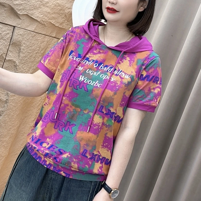 夏季正品新款爆款韩版流行宽松型连帽大码晕染短袖洋气上衣HL8073