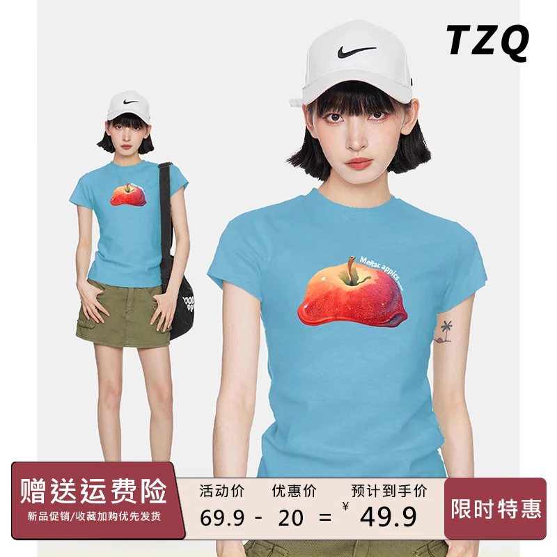 美式蓝色印花正肩短袖t恤女夏季半袖紧身显瘦短款上衣TZQ2542832