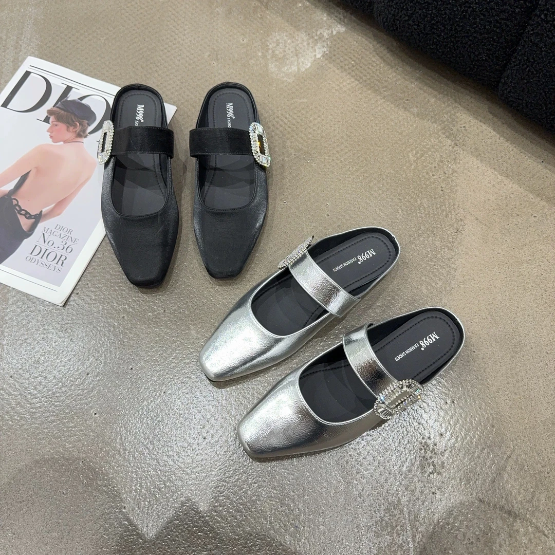 9-105 夏季新品女一字带魔术贴水钻包头拖鞋软底舒适简约百搭