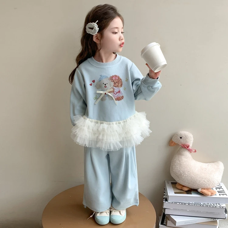 儿童秋季可爱套装2025女童抽绳束脚卫裤+网纱拼接卫衣休闲两件套
