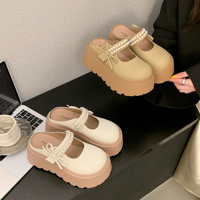 厚底勃肯包头半拖鞋女外穿2025新款夏季一脚蹬蝴蝶结增高超火凉拖