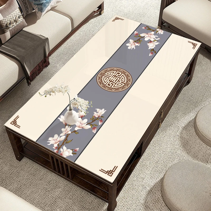新中式茶几桌布PVC印花电视柜垫防水防油餐桌垫高级感软玻璃台布