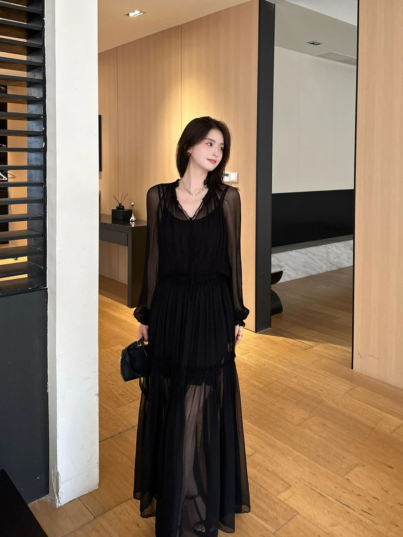 LUOZHIYIN/罗知音D112801TF夏季网纱拼接连衣裙中长款裙子