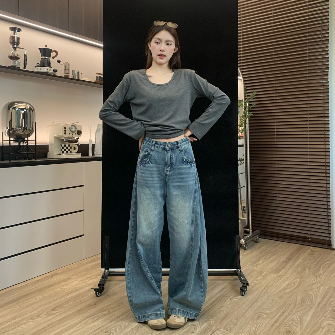 肚子9235复古水洗做旧牛仔弯刀裤女宽松阔腿休闲裤长裤子