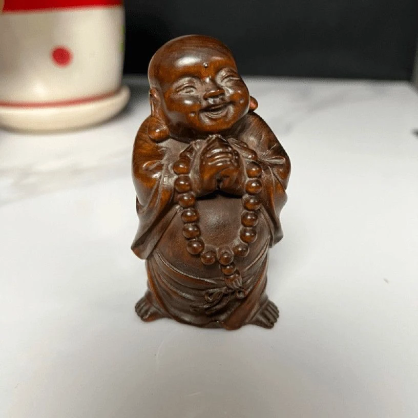 小叶黄杨木雕抱拳恭喜弥勒手把件