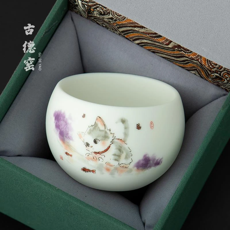 羊脂玉白瓷主人杯功夫茶杯茶具家用陶瓷品茗单杯茶盏情侣对杯4018