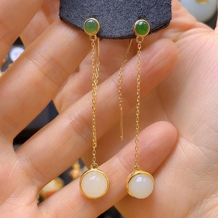 银S925镀金镶嵌和田玉耳饰