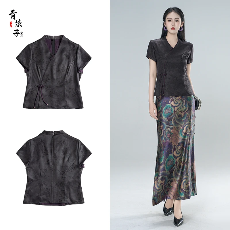 青娘子-香云纱（暗香）提花花萝透彩新中式时尚气质短袖上衣61110